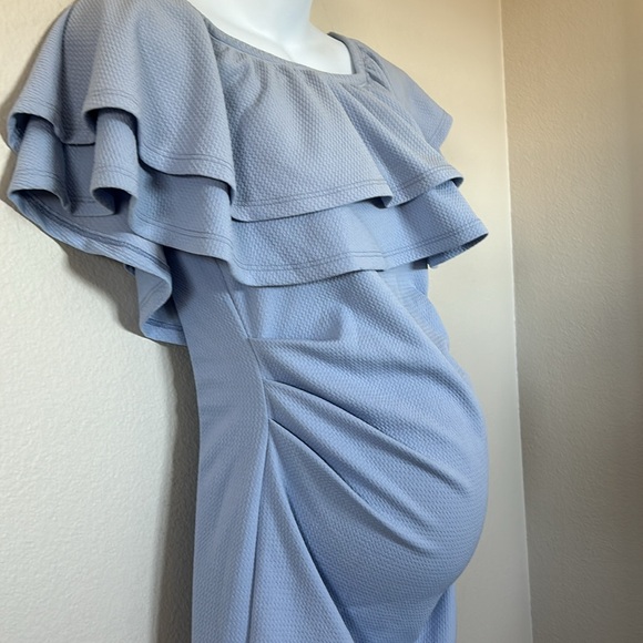 Pinkblush Light Blue Ruffle Off Shoulder Ruched Maternity Mini Dress - Picture 8 of 12